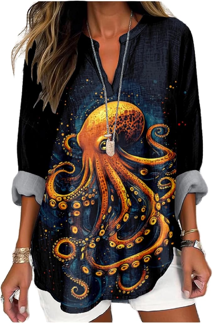 MARSVOVO V Neck Shirt For Women Boho Multi Style Blouse Long Sleeve Novelty Graphic Plus Size Pullover Tops For Women