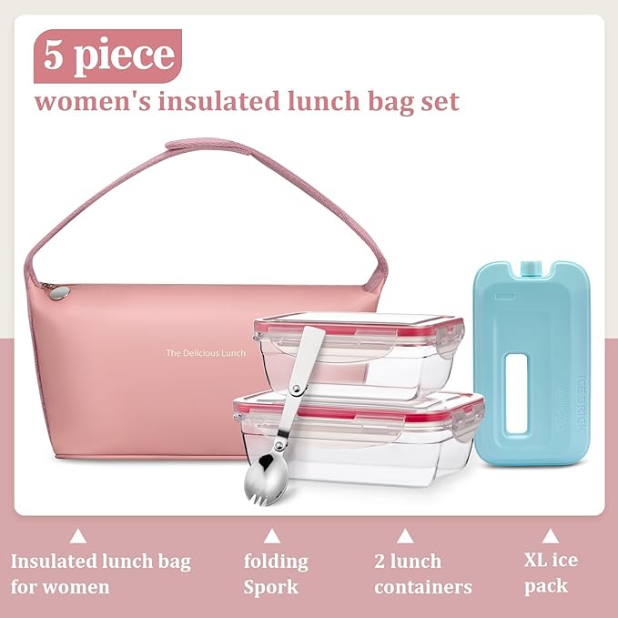 Lunch Bag Set For Women Insulated Leather Woman Lunch Bag With 2 Lunch Box Containers Spoon and Ice Pack Leakproof Reusable High Capacity Lunch Tote Bags for Work, Travel, Outdoor