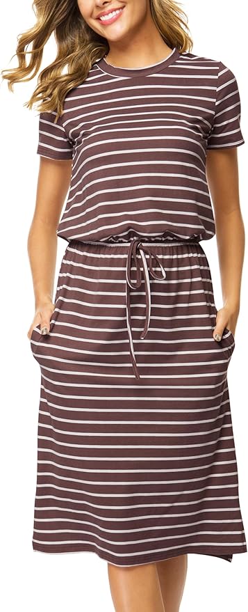 Simier Fariry Womens Spring Hide Belly Knee Length Travel Dress Pocket Summer Short Sleeve Midi Work Casual Outfits