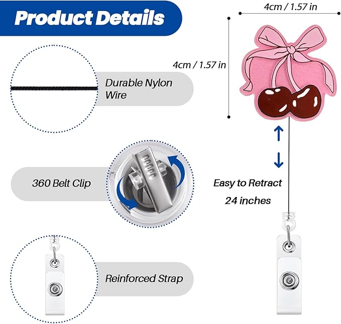 Pink Bow Cherry Badge Reel, Cute Retractable ID Card Badge Holder, Name Tag Work Badge Clip for NICU RN LPN CNA MA ER Night Shift Nurse Nursing Student Pediatric OB/GYN Doctor Teacher, Nurse Gifts
