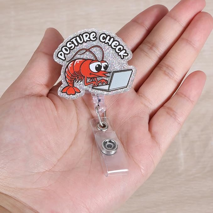 Funny Shrimp Posture Check Badge Reel, Humorous Retractable ID Card Badge Holder, Name Tag Work Badge Clip for Nurse Teacher Doctor Office Worker Desk Job Humor