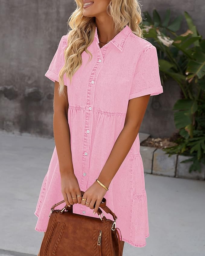 LookbookStore Women's Short Sleeve Button Down Flowy Tiered Babydoll Denim Dress
