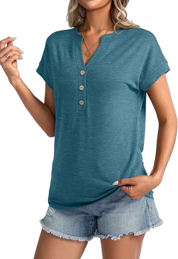 Womens V Neck Cap Sleeve Tops Summer Casual Short Sleeve Shirts Loose Fit Basic Work Tee Trendy Clothes 2025