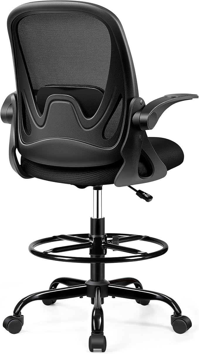 Drafting Chair Tall Office Chair with Flip-up Armrests, Adjustable Height, and Enhanced Lumbar Support - Ergonomic Rolling Stool, Back Support, and Adjustable Foot Rest Ring for Standing Desk Black