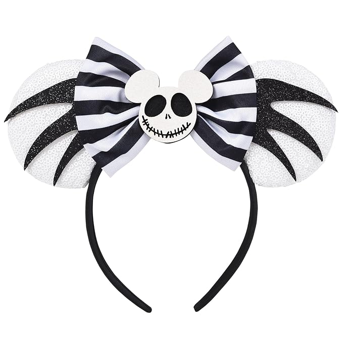 Seamoy Sequin Mouse Ears Headband,Nightmare Inspire Mice Ears Hairband, Ghost Jack Mickey Ears, Sparkle Halloween Hair Accessory (Halloween Evil)