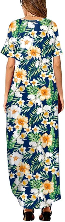 Arolina Women's Summer Maxi Dress Short Sleeve V Neck Casual Loose Long Beach Split Dresses with Pockets