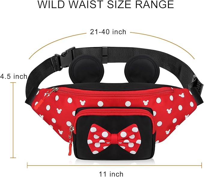 Cute Fanny Pack for Girls Kids Travel Waist Pack Bowknot Polka Dot Mini Mouse Fanny Packs Teen Girls Cartoon Belt Bag Hiking Bum Bags Outdoor Waist Bag with Mouse Ears