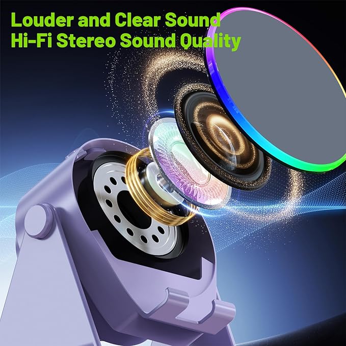 Wireless Induction Speaker, 4 in1 Phone Stand Bluetooth Speaker Amplifier with Colorful Ambient Light 360° Rotation Holder for Tablet iPhone Android,Portable Gifts for Adults Teens (Purple)