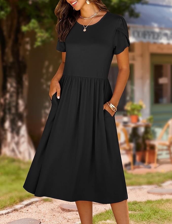 HOTOUCH Women's Summer A-Line Midi Dresses 2026 Casual Floral Short Sleeve T-Shirt Dress Flowy Beach Sundress with Pockets
