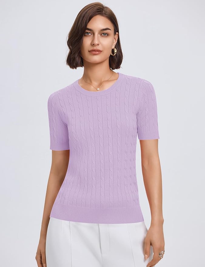 Micoson Womens Short Sleeve Cable Knit Sweater Tops Crewneck Lightweight Spring Summer Shirts Business Dressy Casual Outfits