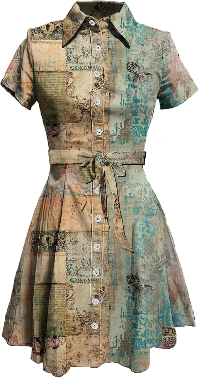 MARSVOVO Vintage Retro Shirt Dress for Women Short Sleeve Button Down Tie Waist Elegant Smocked Knee Length Dress