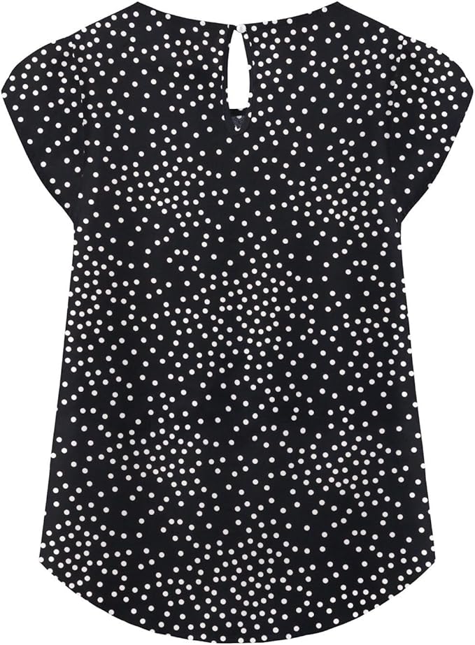 TASAMO Women's Casual Round Neck Basic Pleated Top Cap Sleeve Curved Keyhole Back Chiffon Blouse