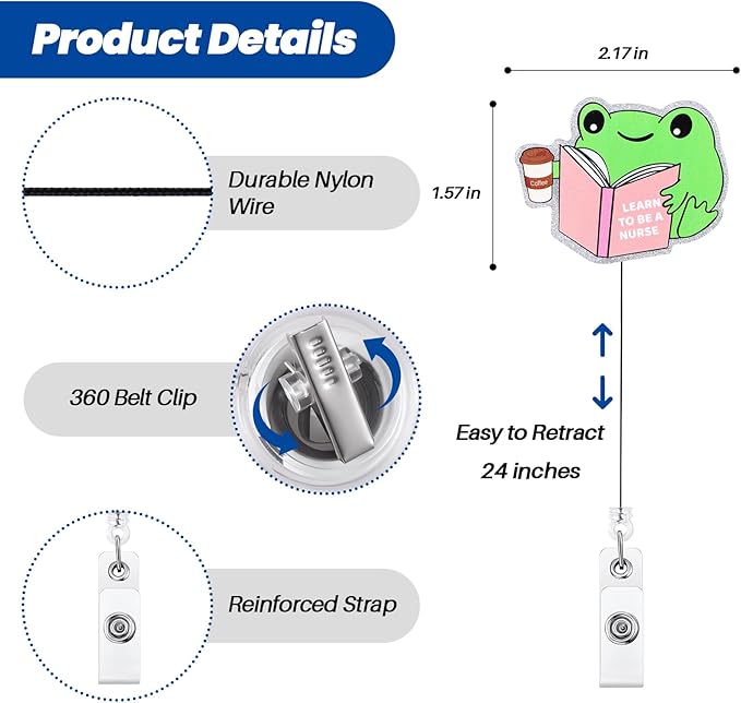 Learn to BE A Nurse Funny Badge Reel, Cute Frog Retractable ID Card Badge Holder, Name Tag Work Badge Clip for RN LPN LVN CNM CNA MA PCA ER Nursing Student Doctor, Nurse Gifts
