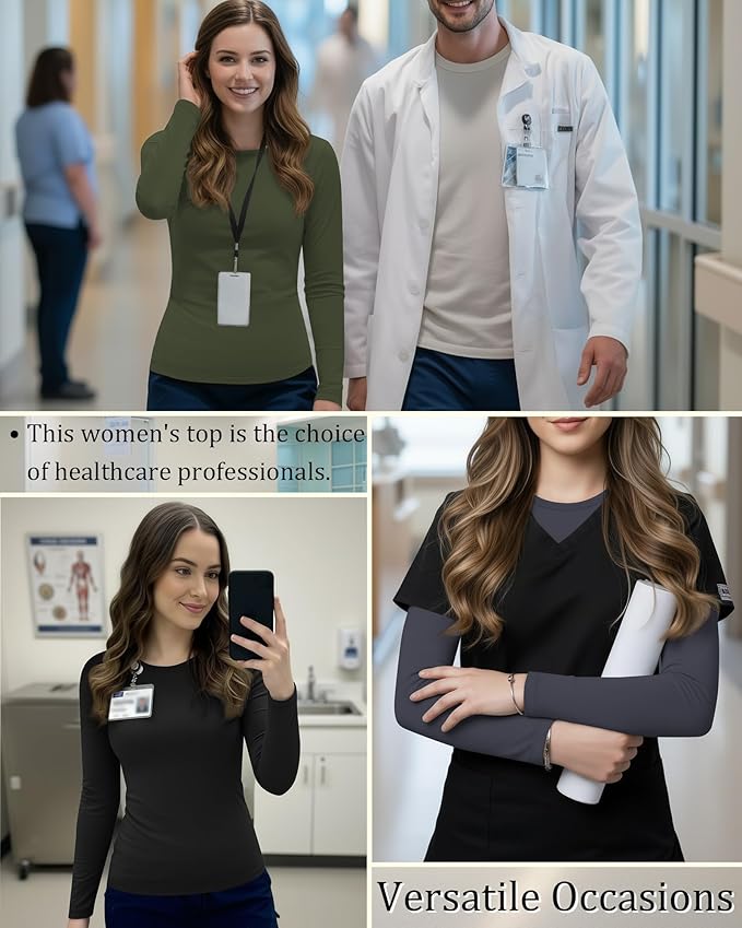 3 Pack Women's Underscrub Shirts Long Sleeve Thermal Scrub Undershirts Nurse Crew Neck Slim Fit Fleece Top Basic Tee