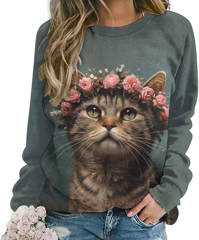 Spatofa Womens novelty funny cat printed crewneck sweatshirt casual loose long sleeve graphic pullover sweatshirts tops
