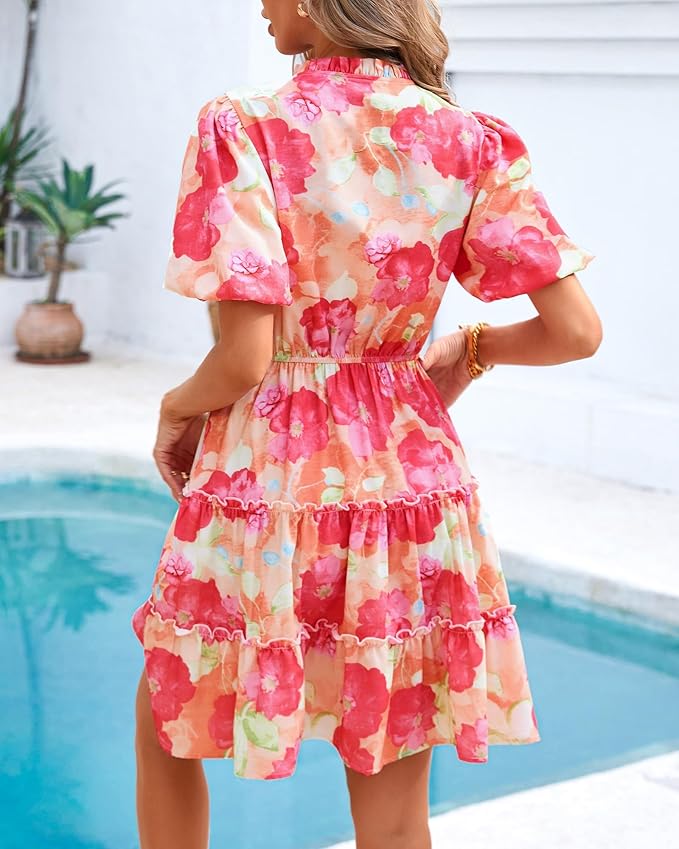 BTFBM Women Summer Floral Short Dresses V Neck Short Sleeve Tiered Ruffle Boho Swing Dress A-Line Mini Dresses