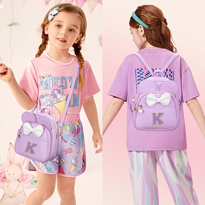 KKXIU Girls Initial Bowknot Cute Mini Backpack for Toddler, Travel Small Girl Backpacks, Personalized Valentine's Day Gifts for Little Girls and Kids(K, Purple)