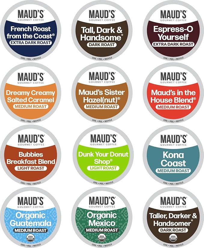 Maud's Family Pack Coffee Pods Variety Pack, 136 ct, 12 Assorted Flavors, Medium Roast Recyclable Single Serve Pods – 100% Arabica Coffee, Compatible with Keurig K Cups Maker