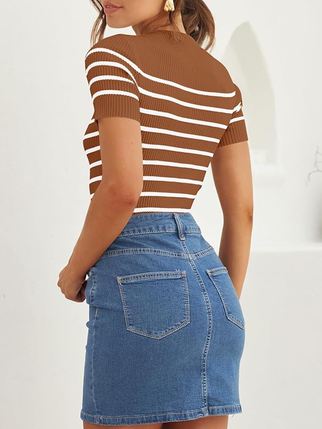 ZESICA Women's Short Sleeve Crewneck Striped T Shirt 2026 Summer Ribbed Knit Slim Fit Casual Basic Tee Tops