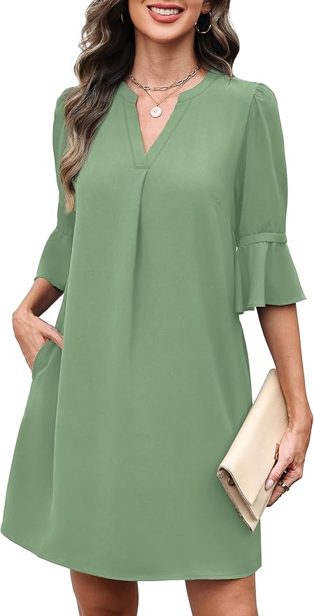 RUMIA Shift Dress for Women V Neck Ruffle Short Sleeve Loose Casual Summer Dress