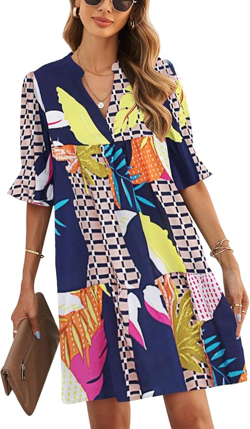 QACOHU Summer Dresses for Women V Neck Ruffle Short Sleeve Casual Shift Dress