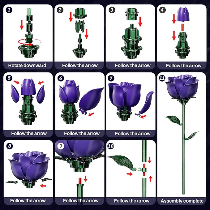Purple Rose Bouquet Building Set for Adults Women - 12 Pack, Botanical Collection Gift for Christmas, Valentine's Day & Mother's Day - Artificial Flowers Botanical Collection Centerpiece Retro Decor
