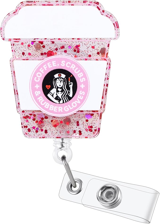 Coffee, Scrubs & Rubber Gloves Funny Badge Reel, Pink Retractable ID Card Badge Holder, Name Tag Work Badge Clip for RN LPN CNA MA ER ICU Night Shift Nurse Nursing Student OB/GYN Doctor, Nurse Gifts