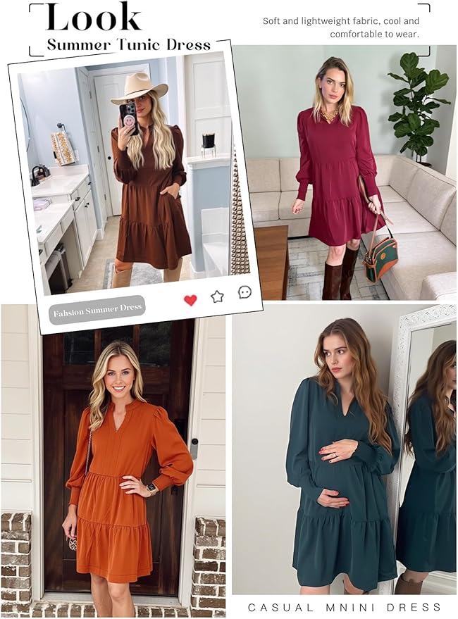 Imily Bela Womens Fall Long Sleeve Tunic Dress Casual V Neck Loose Ruffle Tiered Dress