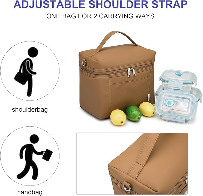 NOL Natural Organic Lifestyle Insulated Lunch Bags for Women Cooler Bag Lightweight Nylon Waterproof Lunch Box For Work (Medium(normal),Brown