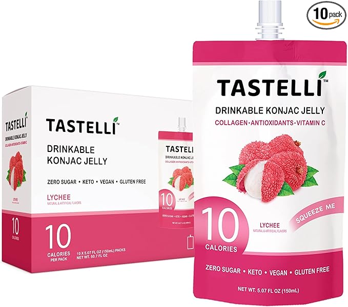 Tastelli Konjac Jelly Infused with Collagen Drink + Vitamin C + Antioxidants / 10 Calories, Vegan, Zero Sugar/Healthy Drinkable Dessert Pouch / (Lychee) - 150mL x 10 Pouches