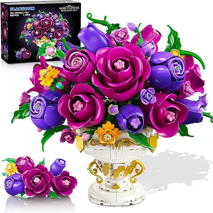 PLAXSOON Purple Rose Flower Building Set with Vase, 969 PCS Botanicals Flowers Bouquet Building Block Kit, 18 Roses Bonsai Collection Home Decor, Valentine's Day Gift for Adults Women Boys Girls 12+