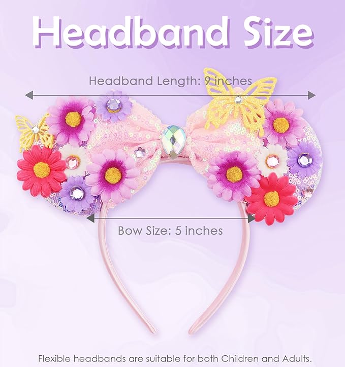 LIHELEI Mouse Ears Headband for Princess, Flower Mouse Ears for Princess Women Birthday Party Halloween Costume, Shiny Park Ears for Adult - Flower Headband