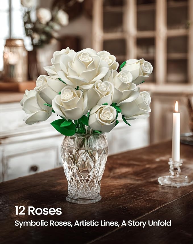 iATOM White Rose Bouquet Building Set, 12Pcs Wedding Flower Botanical Collection for Adult, Valentine's Day Gift for Her/Girlfriend/Mom/Wife/Couple, Boho Modern Home Office Table Centerpiece Decor