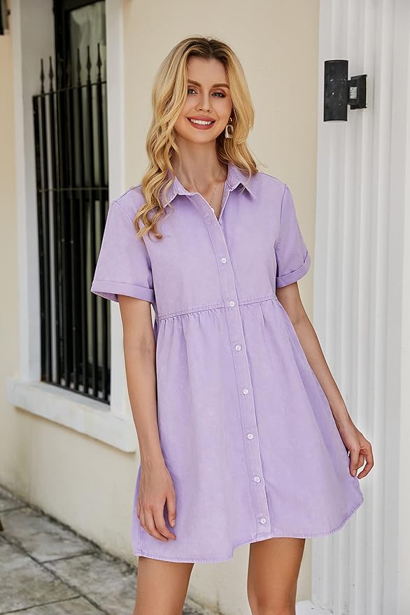 LookbookStore Women's Short Sleeve Button Down Flowy Tiered Babydoll Denim Dress