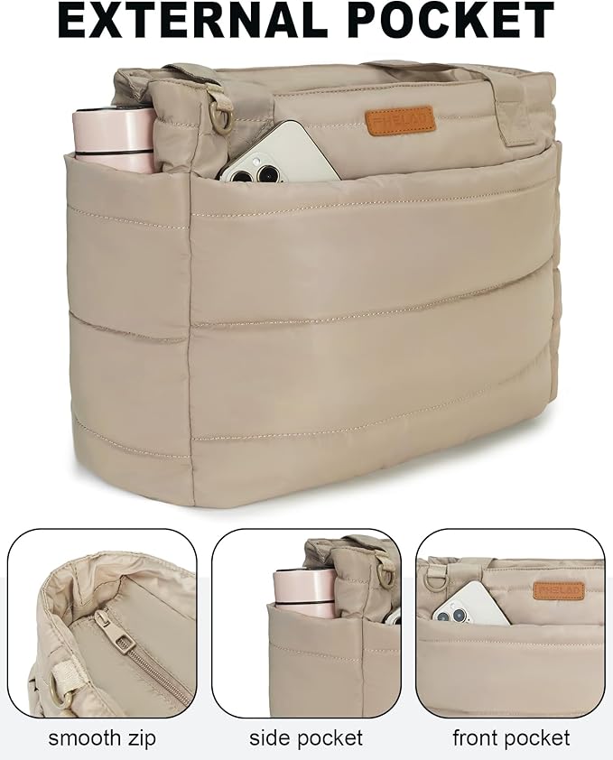 Quilted Puffer Tote Bag for Women, Waterproof Lightweight Work Bag for Nurse/Commuter with 16" Laptop Pocket | Puffer Tote Bag