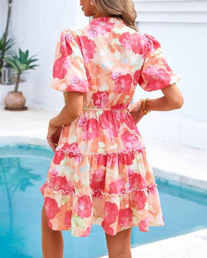 BTFBM Women Summer Floral Short Dresses V Neck Short Sleeve Tiered Ruffle Boho Swing Dress A-Line Mini Dresses