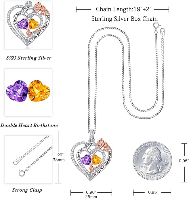 Iefil Valentines Day Gifts for Her - 925 Sterling Silver Double Birthstone Necklace, Anniversary Birthday Gifts for Women, Jewelry Gift for Wife Girlfriend Mom Her
