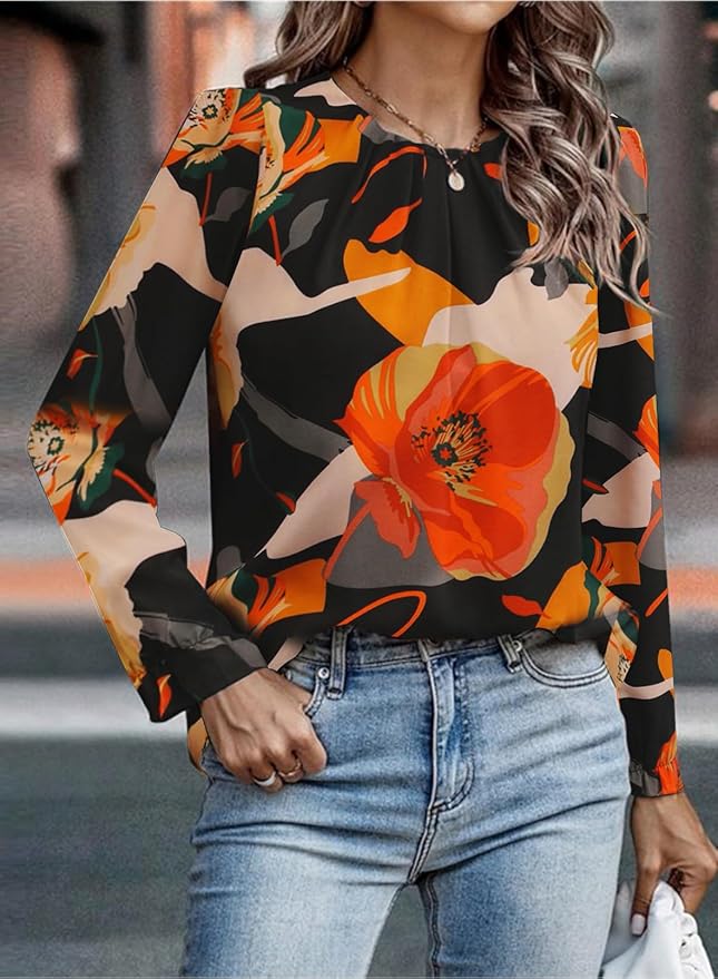 Samefar Womens Tops Dressy Casual Pleated Crew Neck Long Sleeve Shirts Office Work Chiffon Blouses