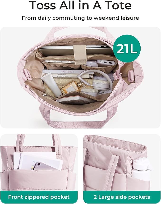 BAGSMART Tote Bag for Women, Lightweight Puffy Tote Bag with Compartments Shoulder Bag Handbag for Travel, Work, Gym | Lightweight, Puffy, Tote Bag with Compartments, Quilted, for Travel, Work