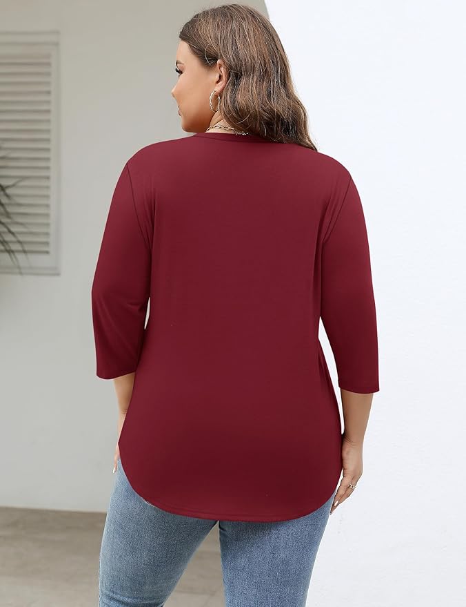 TFSDOD Womens Plus Size Tops V Neck T Shirts 3/4 Sleeve Blouse Summer Casual Tees XL-5X