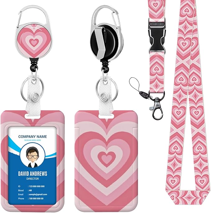 Lanyard for ID Badge Holder Badge Reel Pink Heart for Man Women Cute Nurse Teacher Name Tag Clip Retractable Keychain Heavy Duty Work Office Gifts Accessories