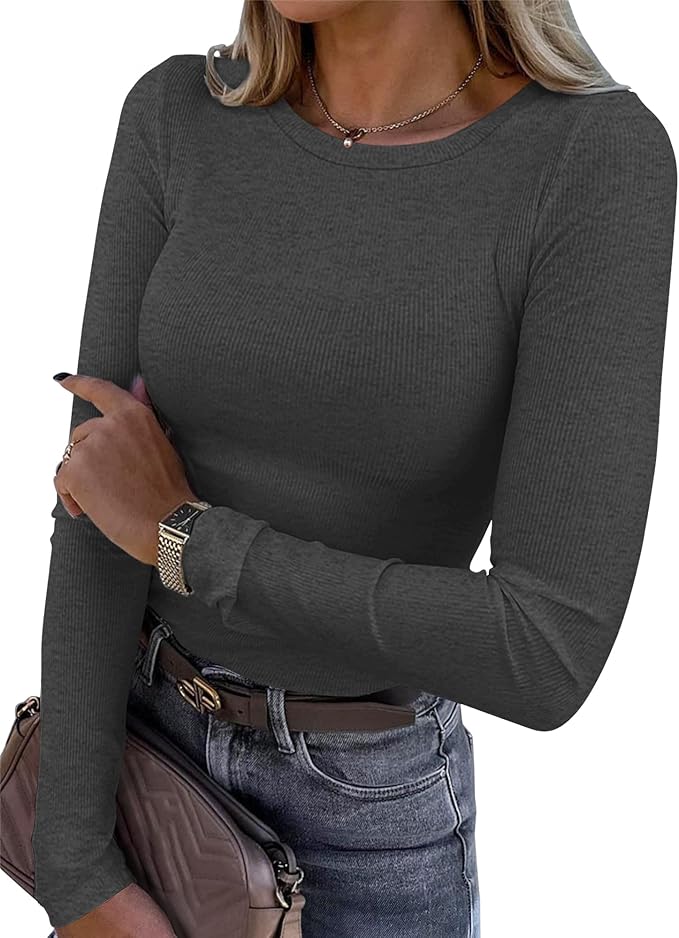 Roselux Womens Long Sleeve Stretch Crewneck Ribbed T-Shirt Fitted Casual Basic Tops