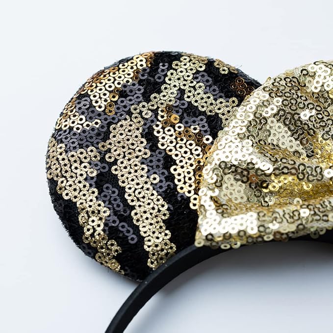 Foeran Mouse Ears Headbands Shiny Bows Mouse Ears Glitter Party Princess Decoration Cosplay Costume for Girls Women (Leopard/Gold)