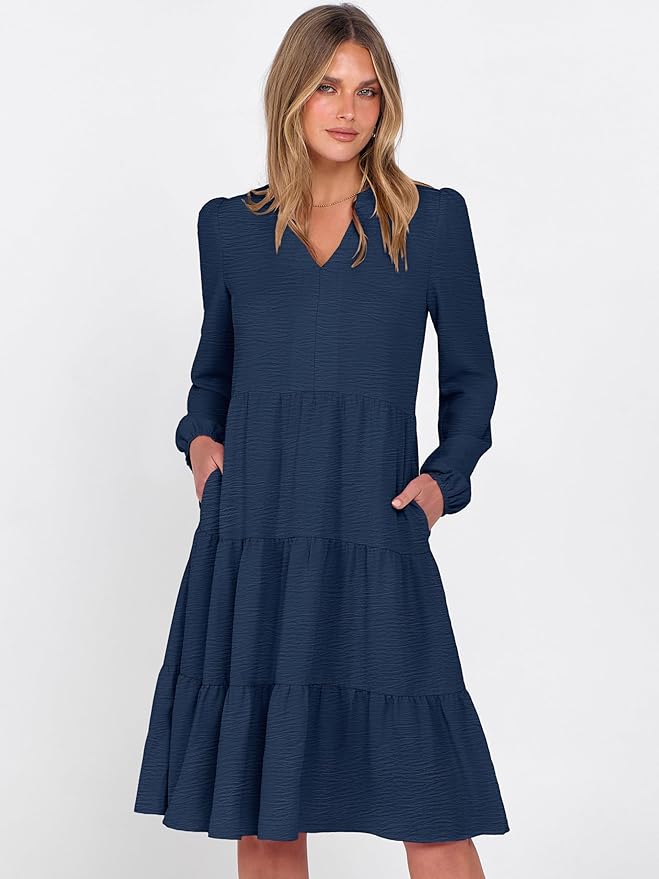 ANRABESS Womens Fall Midi Dresses Long Sleeve V Neck Swing Tiered Work Business Casual 2026 Flowy Beach Vacation Dress