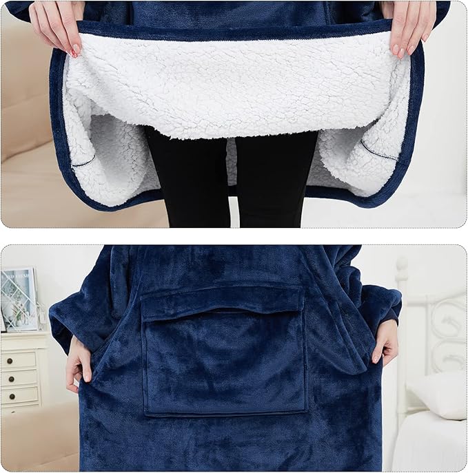 KFUBUO Wearable Blanket Hoodie for Adults Sherpa All Patterns Oversized Sweatshirt Blanket with Pockets Gifts for Mom Navy