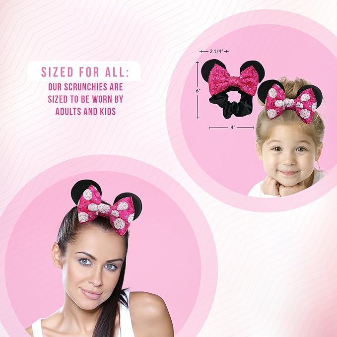 Styla Hair 2pk Mouse Ear Scrunchies for Kids Velvet Hair Bow Scrunchies for Women - Sparkle Sequins Mouse Hair Bands for Mickey Ears (Hot Pink)