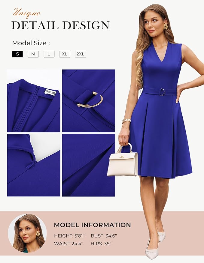 GRACE KARIN Work Dresses for Women 2026 V Neck Fit and Flare Midi Dresses Office Business Dress with Belt and Pockets