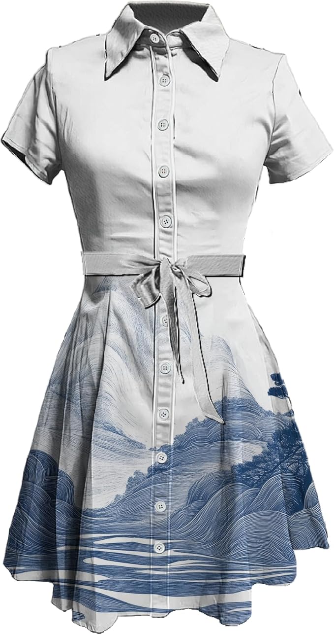 MARSVOVO Japanese Art Shirt Dresses for Women Short Sleeve Ruffle Button Down Tie Waist Trendy Elegant Midi Dress