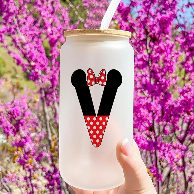 Cute Cartoon Mouse Lover Gifts Initial A-Z Personalized Iced Coffee Cup Magic Mouse Stuff Wizard Gift 16oz Glass Cup with Lid and Straws Birthday Christmas Gifts for Women Teen Girls (Letter V)
