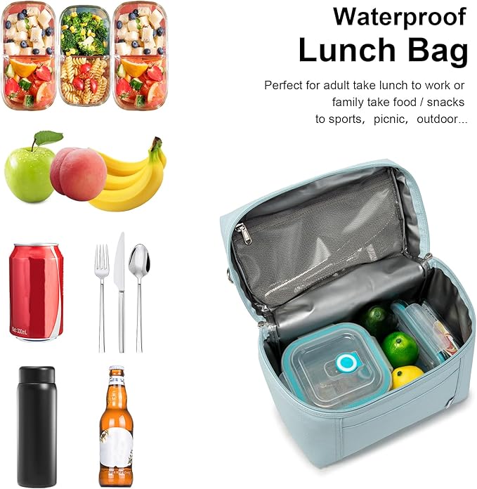 NOL Natural Organic Lifestyle Insulated Lunch Bags for Women Cooler Bag Lightweight Nylon Waterproof Lunch Box For Work (Small, Light blue)